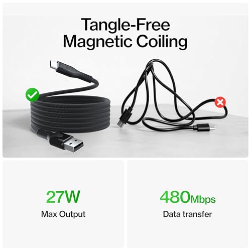 Image of Statik MagStack USB A to USB C Coiling Magnetic Charging Cable, 27W | Nylon Braided Tangle-Free Design, Magnetic Coiling, Data Transfer, Compatible with iPhone & Android, 3FT Black, 5 Pack
