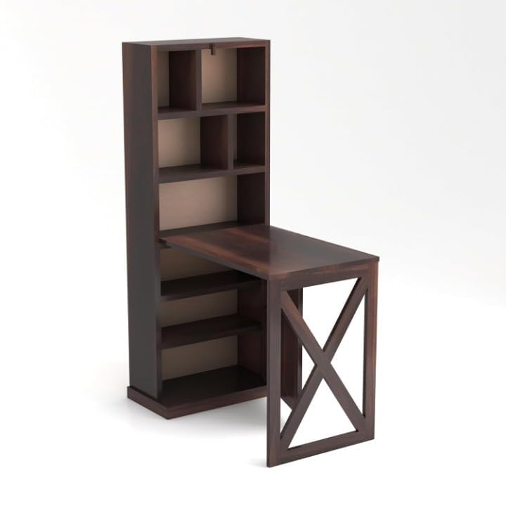 Image of SUNCOM Solid Sheesham Wood Foldable Study Table with Book Shelf - Wooden Study Table for Students StudyTable with Storage Computer Table for Home (Walnut)