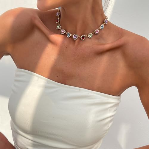 Colorful Hearts Chain Necklace for Women,Dainty Multiple Cubic Zirconia Love Hearts Chain Choker for Woman Jewelry Gifts,Trendy Vintage Boho Necklaces2