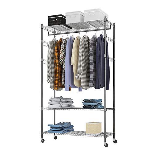 Heavy Duty Clothes Rack, Adjustable Rolling Garment Rack with Shelves V frame, Freestanding Wardrobe Rack including 1 Clothes Hanging Bar, 3 tired Wire Shelving, 4 Hanger Hooks - Hold Up to 400Lbs (Black, 1Rod 4Hook)