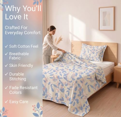 Image of BSB HOME 210 TC Cotton Feel Single Bedsheet with 1 Pillow Cover, Soft & Breathable Floral Printed Bed Sheet, Fade Resistant, Bedding for Home & Bedroom, 60 x 90 Inches (152 x 229 cm) (Oatmeal)