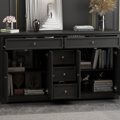 MOUMON-Sideboard-Credenza-with-Doors-and-Shelves-Credenza-Sideboard-Buffet-with-Drawers-Buffet-Table-Home-Bar-Cabinet-for-Kitchen-Living-Room-Black-591W-x-157D-x-335H MOUMON Sideboard Credenza with Doors and Shelves Credenza Sideboard Buffet with Drawers Buffet Table Home Bar Cabinet for Kitchen Living Room Black 591W x 157D x 335H