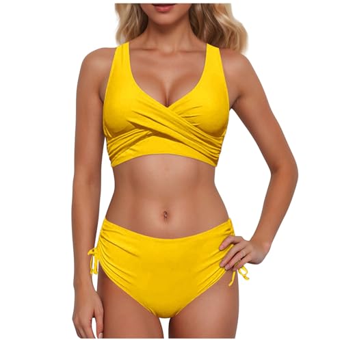 Camisetas de una pieza Maternidad 2023 mujer nuevo Split envoltura con cordones ahuecar Bikini Color sólido Sexy Cintura Alta Venta Rápido Bikini Traje De Baño De Pecho, amarillo, L