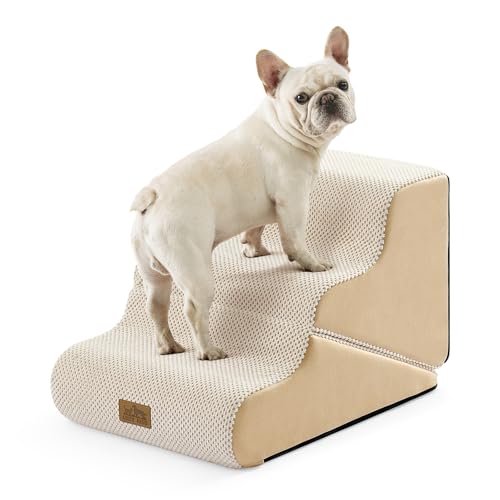 Image of COZY KISS Dog Stairs for Small Dogs, 3-Step 2-in-1 Dog Steps,15.7 inch H | 3-step dog stairs and ramps for Old Cats, Puppy, Small Dogs,Non-Slip Base,for Couch & Bed, Beige
