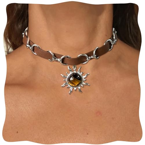 Tiger Eye Necklace, Sun Pendant Necklace with Adjustable Brown Leather Choker Necklace for Women, Goth Necklace, Grunge Hippie Jewelry Gift