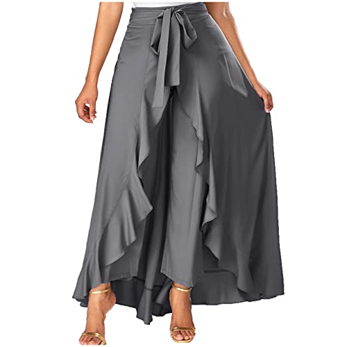 Women's Long Skirts Solid Color Elegant Bow Belt Flowy Culottes High Waist Swing Irregular Ruffles Maxi Skirt 2024