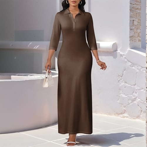 Image of PinkPatty Women's Casual 3 /4 Sleeve Polo V Neck Bodycon Maxi Dress