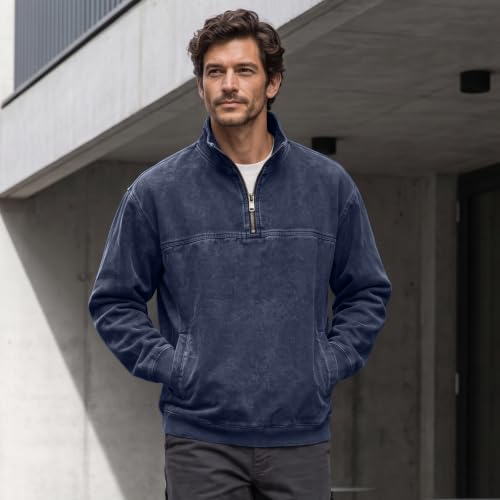 Denim Shirt Men Washed Retro Quarter Zip Pullover Top with Pockets - image 4