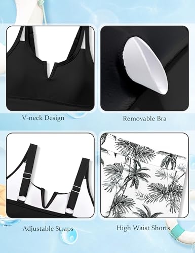 Girls Swimsuit V-Neck Cutout Tankini Tropical Print Swimwear with Shorts 2 Piece Bathing Suit for Girls 7-16Y4