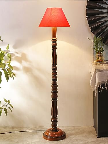 Image of Floor Lamp with Wooden Base - Height 55 inch, Orange | Modern Standing Lamp for Living Room, Bedroom & Office | Stylish & Elegant Home Lighting Decor | Tall Decorative Lamp