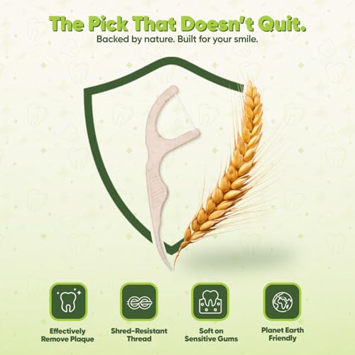 Image of Dental Floss Picks - Straw Wheat Handle Flossers | Thin & Shred-Resistant Thread for Tight Gaps | Flossers for Adults | Gentle on Gums & Teeth | Gluten-Free & Vegan (400 Pack, Mint)