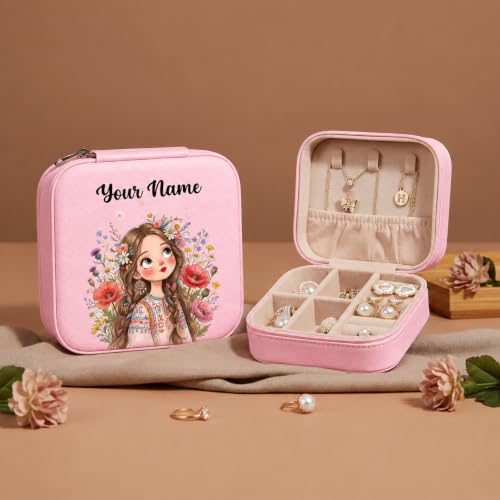 Image of PRIMIT Personalized Jewelry Box with Name & Birth Flower - Custom Travel Jewelry Organizer Case - Bridesmaid, Birthday, Christmas Gift for Women & Girls (Little Blossom)