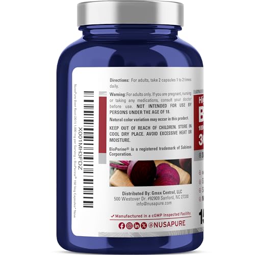 NusaPure Beet Root 30:1 Extract, 1000 mg Equivalent to 30,000 mg 150 Veggie caps (Vegan, Non-GMO & Vegan 4% Nitrates) Bioperine