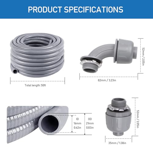Z 1/2\" Dia * 50 Feet Flexible Electrical Conduit Liquid Tight PVC Conduit Kit with 5 PCS Coupling, 5 PCS Elbow and 10 PCS Strap