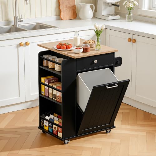 Kitchen Cart with Hidden Tilt Out Trash Cabinet