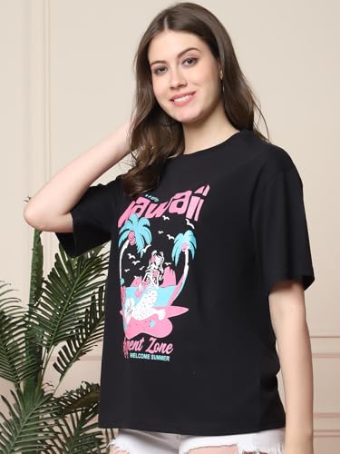 Image of Fabflee Oversized Cotton Baggy Drop Shoulder Graphic Tee with Half Sleeves | Korean Casual Loose T-Shirt for Women
