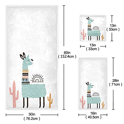 Naanle Cute Cartoon Llama Cactus Tribal Style Soft Decorative Set Of 3 Towels, 1 Bath Towel+1 Hand Towel+1 Washcloth, Multipurpose For Bathroom, Hotel, Gym, Spa And Beach(Green White) #TOP2