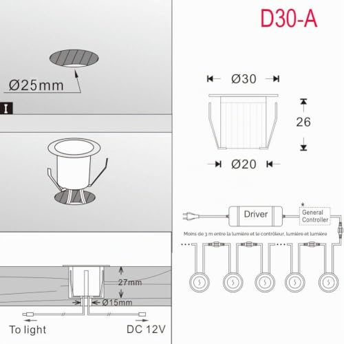 INDARUN Lampe au Sol Spot Encastrable+Wifi contrôleur-Lumière RGB DC12V 0.5W étanche IP67 Ø30mm-éclairage pour terrasse, patio, chemin, mur, jardin, décoration, intérieur et extérieur, 30 pièces – vue 2