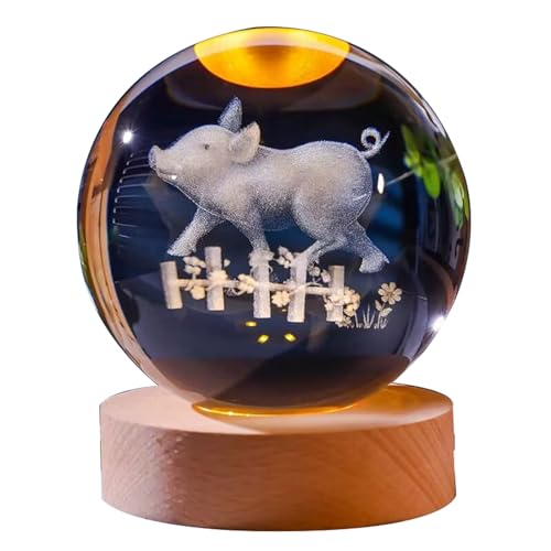WXMYOZR Chinese Zodiac 80mm 3D Crystal Ball with Wooden Lighting Base Feng Shui Glass Sphere Chinese New Year Gift,Pig