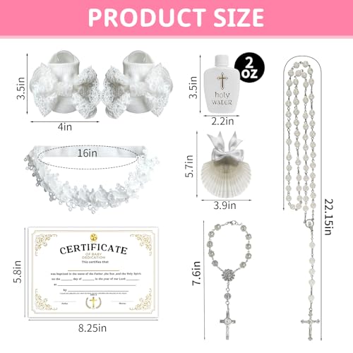 TBTFW 7Pcs Baptismal Accessories- White Christening Sock Headband Rosary Cross Bracelet Seashell Certificates and Holy Water Bottle2