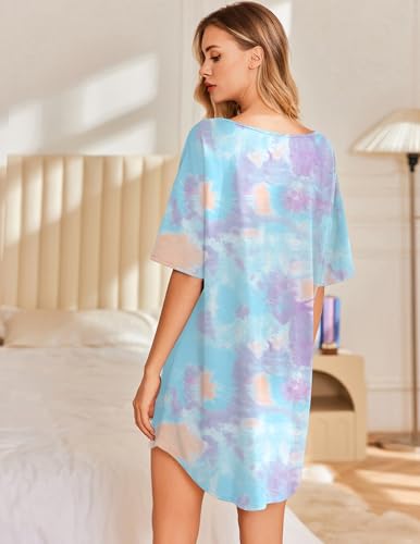 Image of Ekouaer Nightgowns for Women Bamboo Viscose Sleepshirt Short sleeve Nightshirt V Neck T shirt Night gown Boyfriend Sleepwear