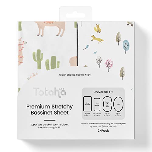 TotAha Premium Stretchy Bassinet Sheets for Baby Boy Girl, Hypoallergenic, Buttery Soft, Silky Comfort Cradle Sheets Fitted 18 x 36 for Oval, Rectangular, Hourglass Mattress, 2-Pack(Woodland & Cactus)