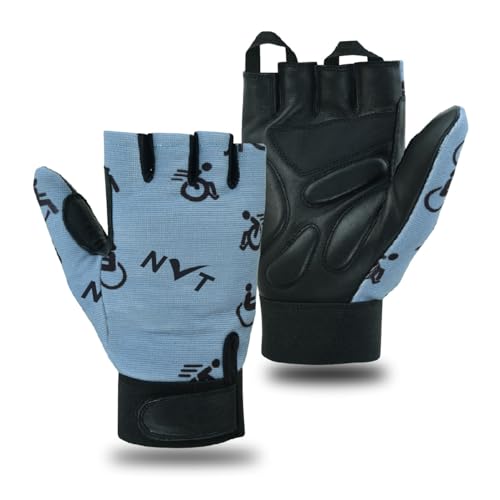 NVT Wheelchair Gloves 2023 Latest, Workout for Men Real Leather Palm Mobility Padded Breathable, Fingerless Bike with Anti-Slip Grip Lightweight Cycling Glove. (Gray, X-Large)