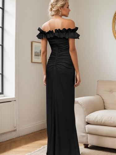 A Line Evening Dress Formal Wedding Guest Dress Off Shoulder Sleeveless Floor Length Stretch Crepe Slit Ruched 20243