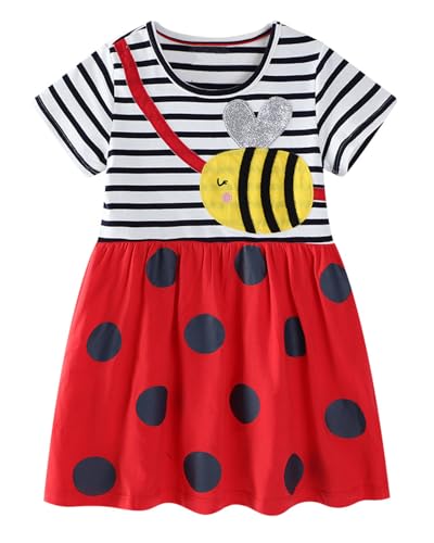 Youlebao Toddler Girls Cotton Embroidery Applique Short Sleeve Casual Dress (US, Age, 6 Years, Honeybee)
