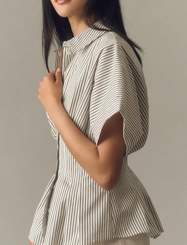 Women Striped Button Pleated Shirts Short Sleeve Summer Casual Peplum Blouse3