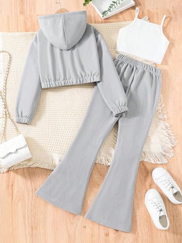 Image of OYOANGLE Girl's 3 Piece Outfits Letter Print Long Sleeve Zip Up Hoodie and Cami Top with Flared Pants Set Grey 10Y