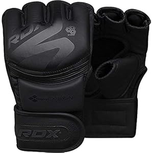 RDX MMA Gloves Noir, Maya Hide Leather, Ventilated Open D-Cut Palm, Padded Grappling Sparring Mitts, Cage Fighting Kickboxing Mixed Martial Arts Muay Thai Training, Punching Bag Pads Workout, Black