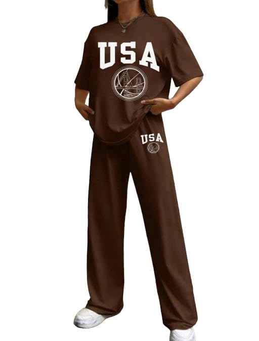 Image of My Swag USA Graphic Print Cotton Loungewear Set, T-Shirt and Pants, Casual Comfort Wear