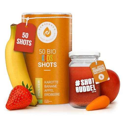 Hansegrün - Bio Kids Shots (50 Stk.) - Täglicher Allrounder für das Immunsystem¹, Zähne² & Knochen³ - Superfood-Pulver mit Gemüse, Früchten & Beeren - 100% echte Zutaten zur täglichen Zubereitung