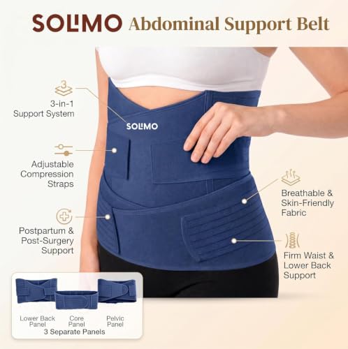 Image of Amazon Brand - Solimo 3-In-1 Postpartum Belly Band Post Pregnancy Abdominal Belt After Delivery Waist & Pelvis Slimming Shapewear Tummy Reduction (Free Size) (Navy Blue)