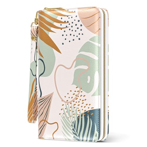 Image of Nipichsha Womens Wallet, RFID Wristlet Wallet for Women, Cute Ladies Purse, Large Credit Card Clutch Purse, Leather Card Holder Wallets with Zipper & Phone Holder, Boho Leaves