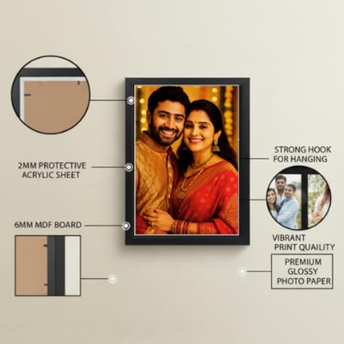 Image of AARVI Customized Wooden Photo Frame with Photo Upload | Personalised HD Glossy Print | Black Engineered Wood | Custom Gift for Anniversary, Birthday, Wedding & Home Decor (A4, A3)