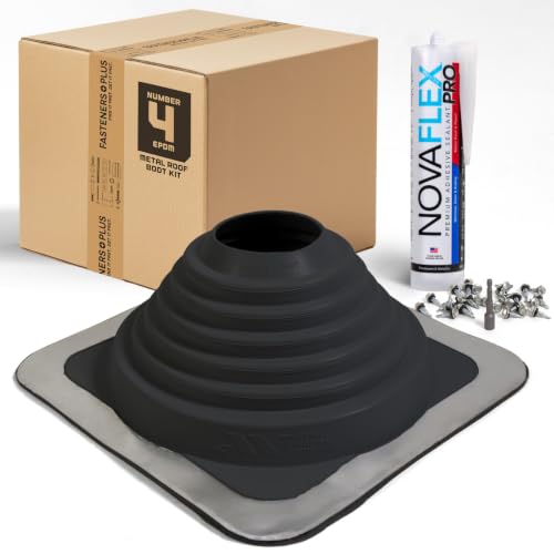 Image of #4 Square EPDM Metal Roof Pipe Flashing Boot with Complete Install Kit (Fits 2-3 /4 inch - 7 inch Pipe OD), Black