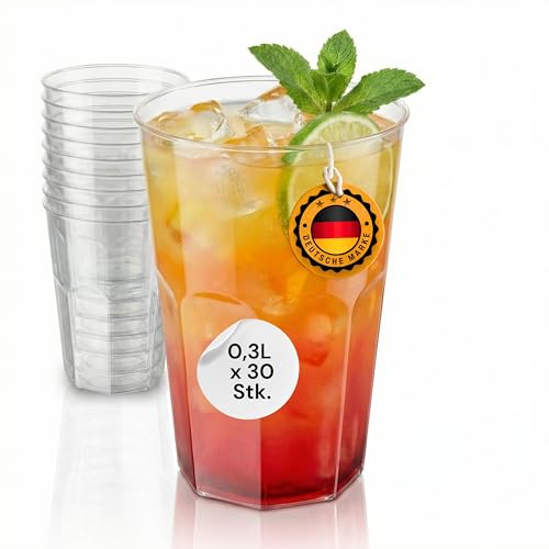 LogiPack GeRo 30 Stück Mehrwegbecher Cocktailbecher 0 3l Made in Germany | Wiederverwendbar | transparent aus PP (Cocktailbecher 0 3l)