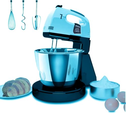 Batidoras de pie, 7 velocidades con cuenco de acero inoxidable de 3 cuartos de galón, batidora de mano con gancho de masa, batidor, batidor de mezcla para hornear, pasteles, galletas (SR2)