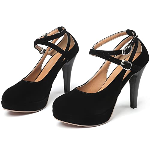 Susanny Black Heels for Women Strappy Closed Toe Platform High Heels Pumps Sexy Vintage Comfortable Stiletto Heels