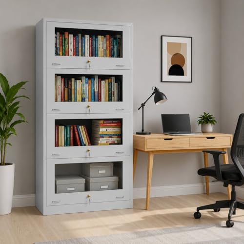 Amazon Brand - Solimo Steel Bookrack Bookcase, 4 Door Bookshelf w...