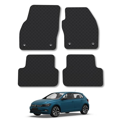 Image of Rubber Car Mats Compatible with VW Polo (2018+) Tailored Fit Car Floor Mats Set Accessory Custom Fit Anti-Slip Backing Heavy-Duty Waterproof Easy-Clean Durable All Weather Full Coverage With Clips
