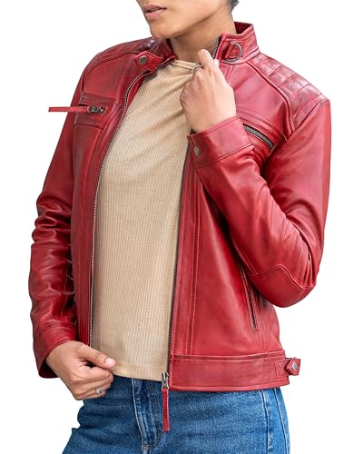 Jild Quilted Design Leather Jacket Women - Cafe Racer Style