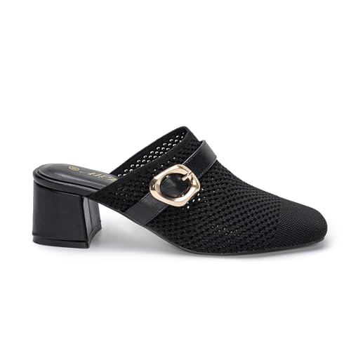 Heeled Mules for Women Comfortable Knit Square Closed Toe Slip On Chunky Heels Slide Sandals Ladies Shoes - Main Image