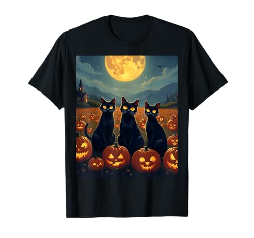 Black Cat Halloween Cat Lovers Starry Night Cat Van Gogh Cat Camiseta