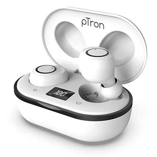 Image of pTron Bassbuds Jets True Wireless Bluetooth 5.0 in-Ear Headphones,20Hrs Total Playback with Case,Deep Bass,Touch Control,Ipx4 Water Resistant,Voice Assistant,Built-in Mic & Digital Display (White)