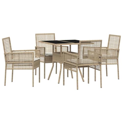 vidaXL Beige Rattan Dining Set Outdoor Furniture Set of 5 - Garden/Patio Set with Steel Frame, Rectangular Table and Cushioned Chairs, All-Weather Durable