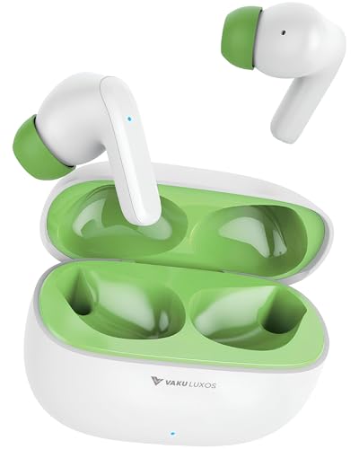 Image of Vaku Luxos SONAIR TWS Bluetooth 5.4 Earbuds | 60H Playtime | Touch Controls | Type-C Fast Charging | 10mm Driver | Voice Assistant | Deep Bass Wireless Earbuds with Charging Case- White /Green