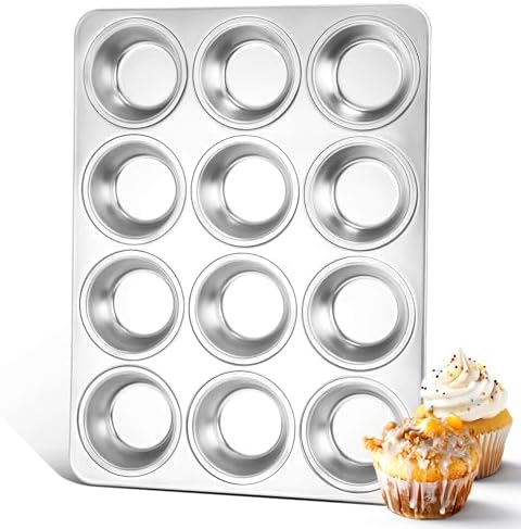 Herogo 12-Cup Stainless Steel Muffin Pan Tin for Baking, Metal Cupcake Tray Set for Making Egg Muffin Quiches, Mini Brownie, Easy to Clean & Quick Release, Oven & Dishwasher Safe - Thumbnail 2